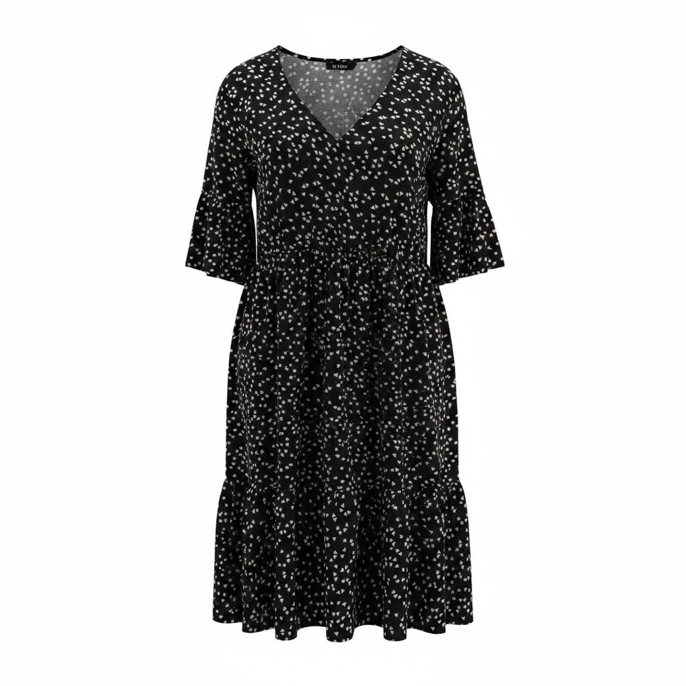 Y2K Shein Curve Black Heart Print V-Neck‎ Tiered Babydoll Smock Dress Womens 2XL
